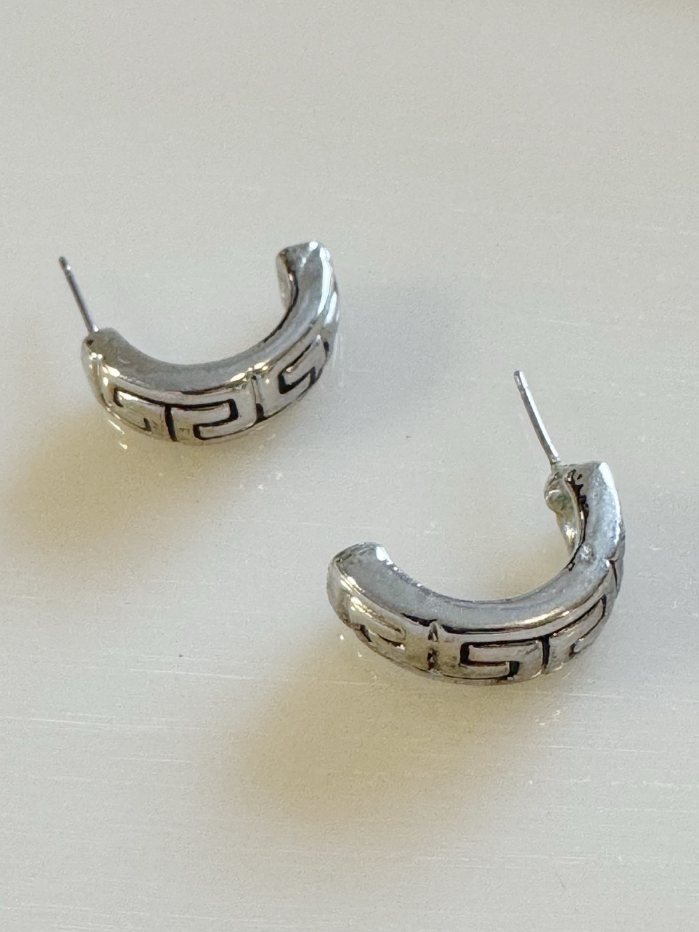 Greek Key Silver Tone Half Hoop Earrings
